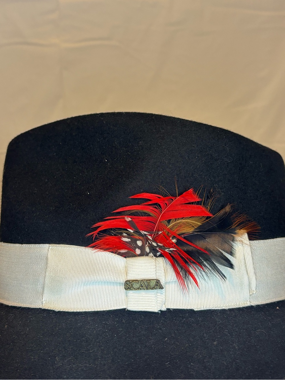 Scala Classico Men's Black Wool Felt Fedora Hat White Brim Trim Feather Size L